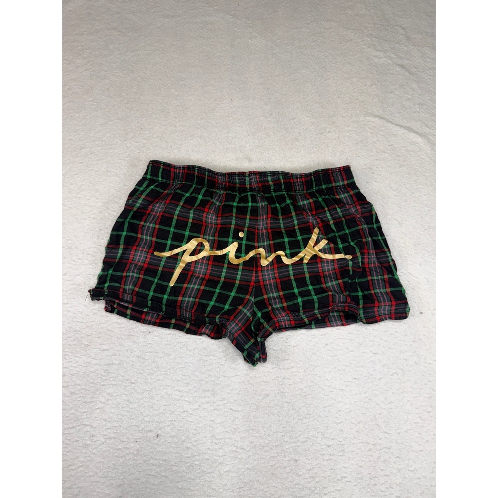 Victorias Secret PINK Plaid Pajama Shorts Red Green Gold Logo Sleepwear Small - Picture 1 of 6